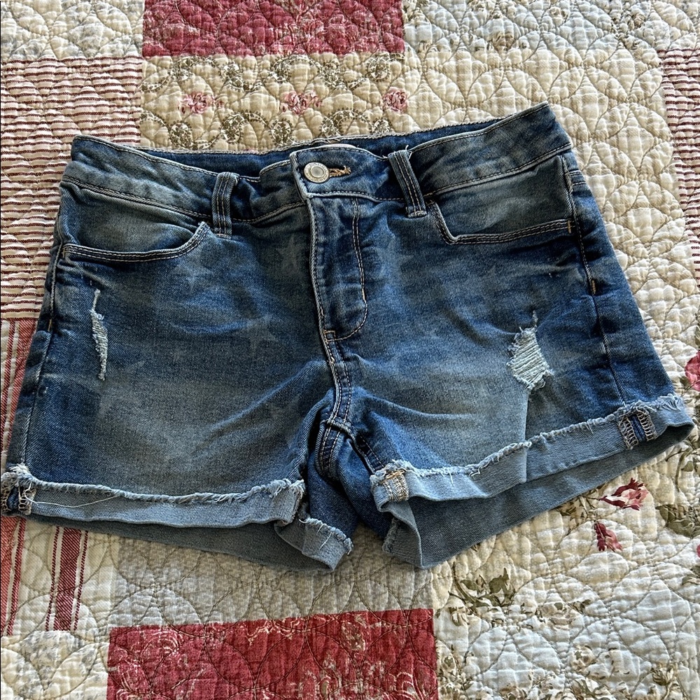 SO Dark Blue Distressed Denim Rolled Hem Shorts